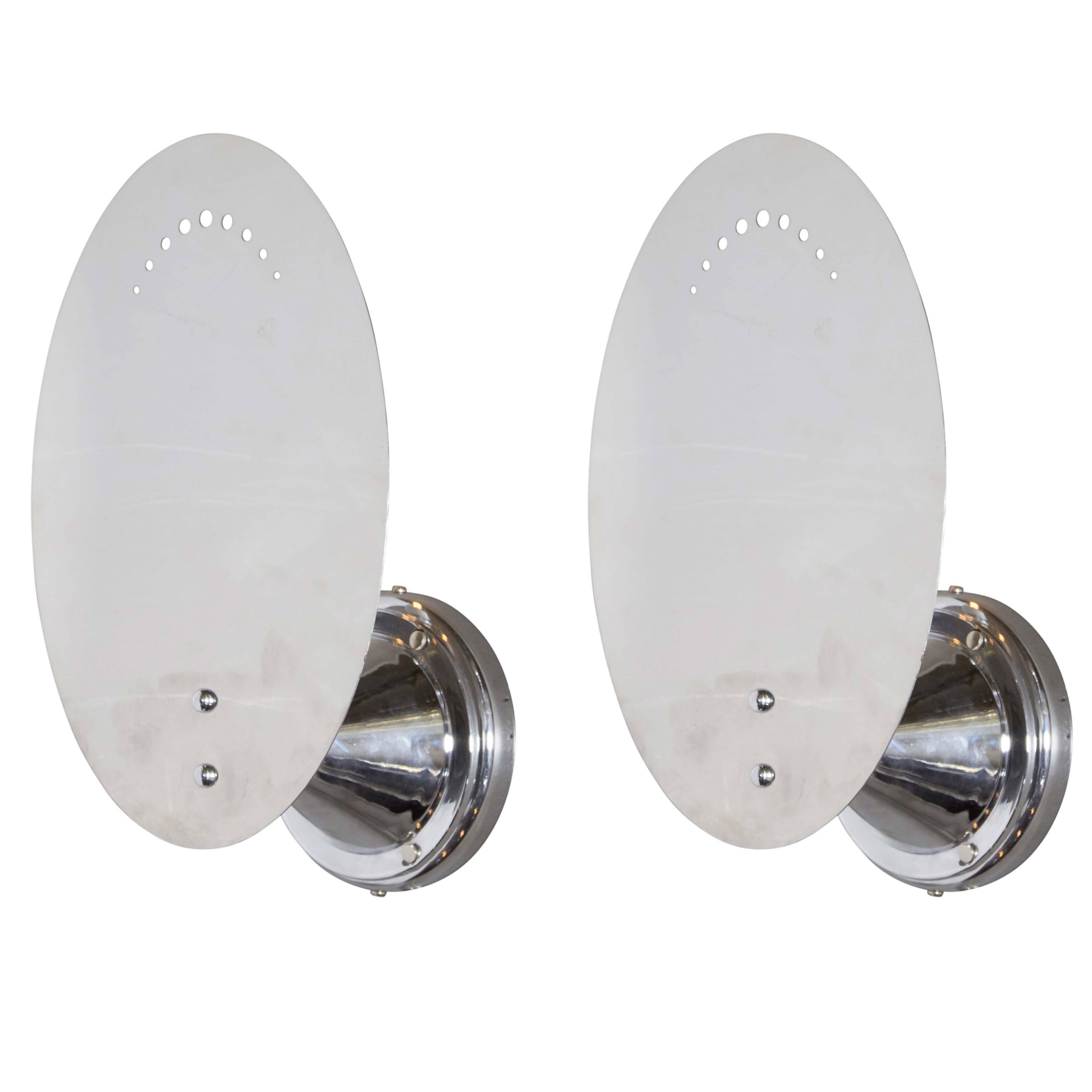 Pair of Mid-Century Oval Chrome Wall Sconces with Perforated Detail