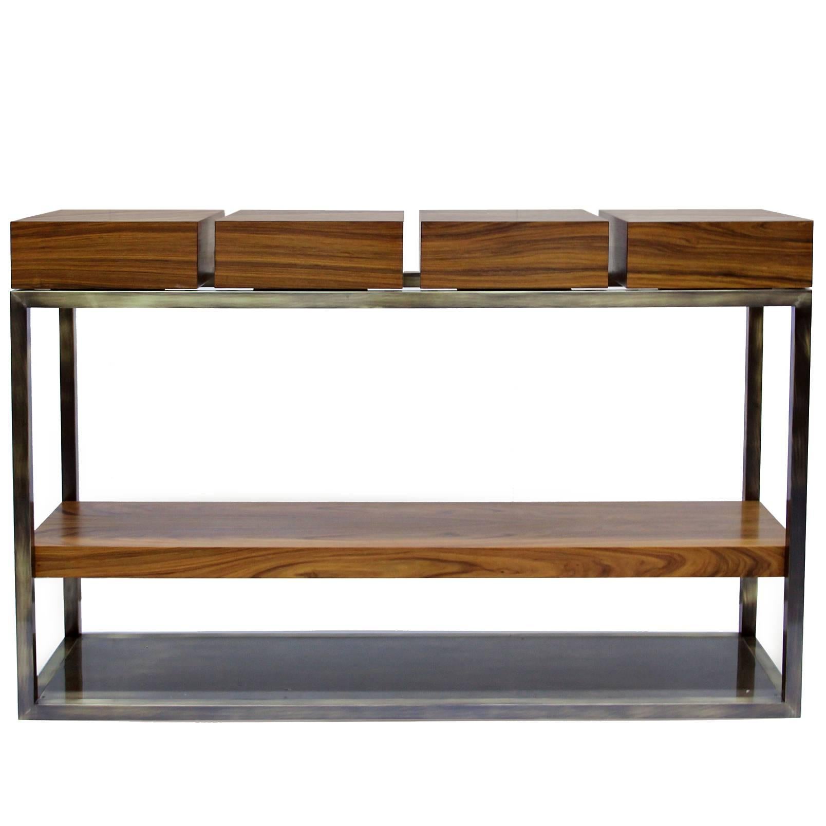 Subtle Console Table with Antique Brushed Brass and Poplar Wood Veneer For Sale