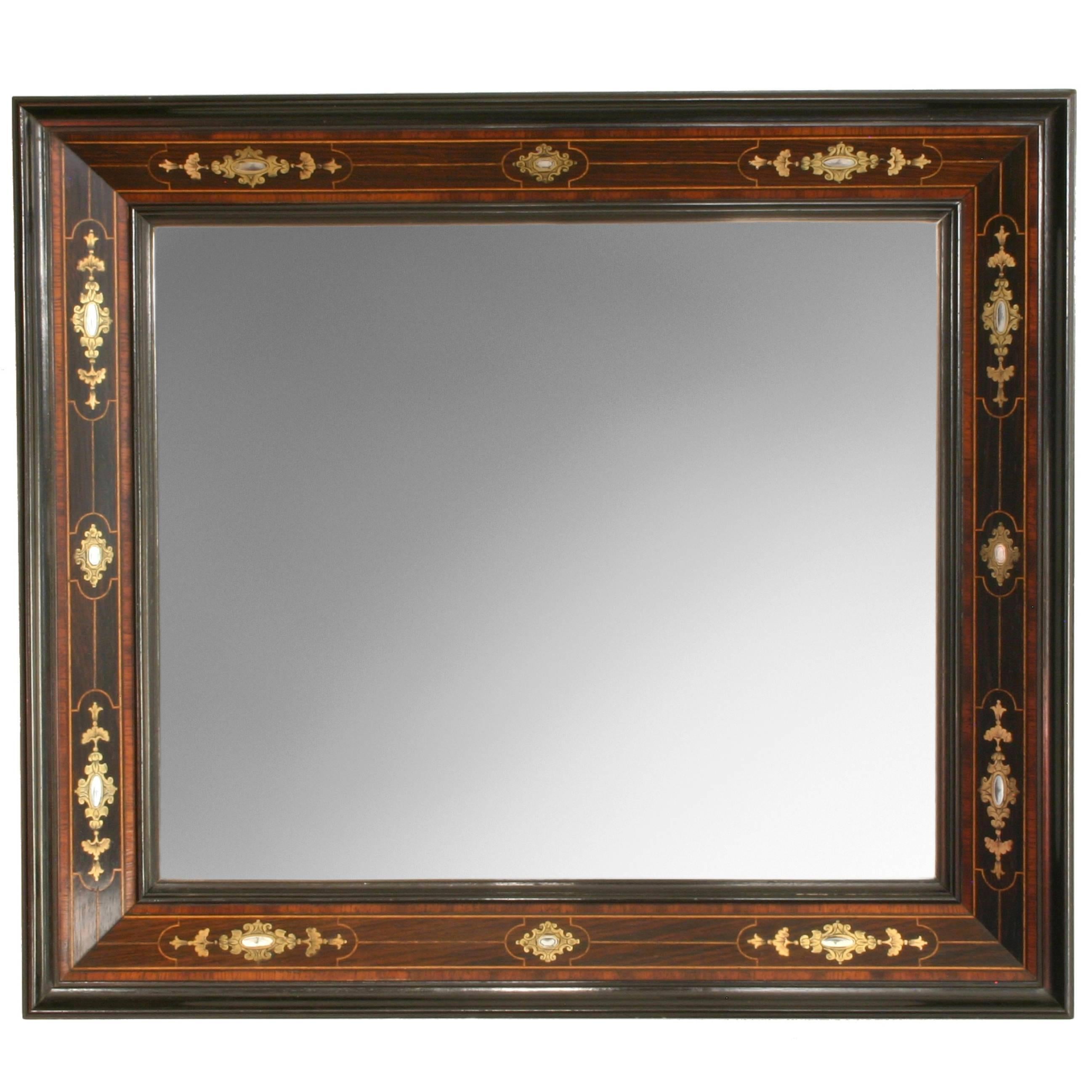Aesthetic Movement Brass, Mother of Pearl, Rosewood and Ebony Small Mirror For Sale