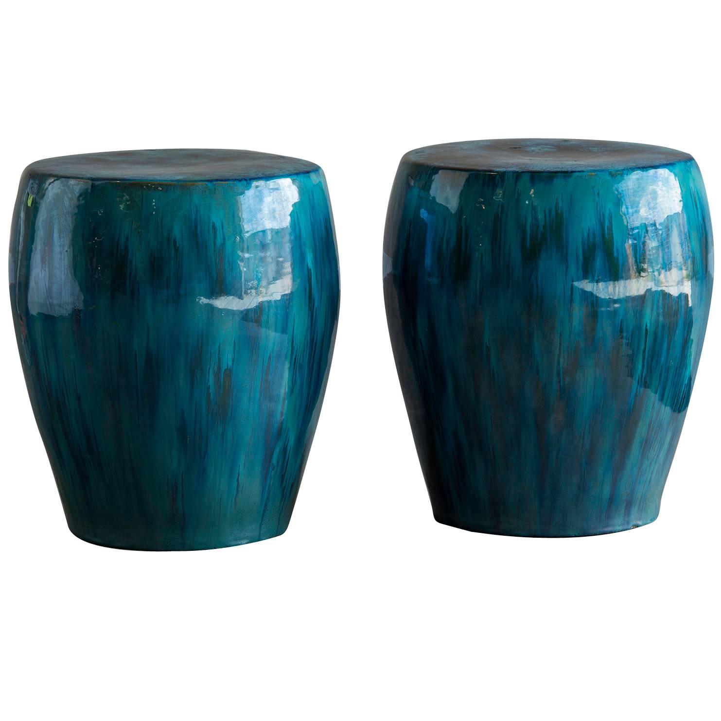 Pair of Blue Glazed Handmade Garden Seats from China