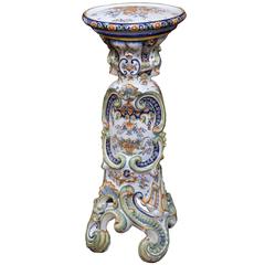 19th Century French Hand-Painted Faience Pedestal Table from Rouen