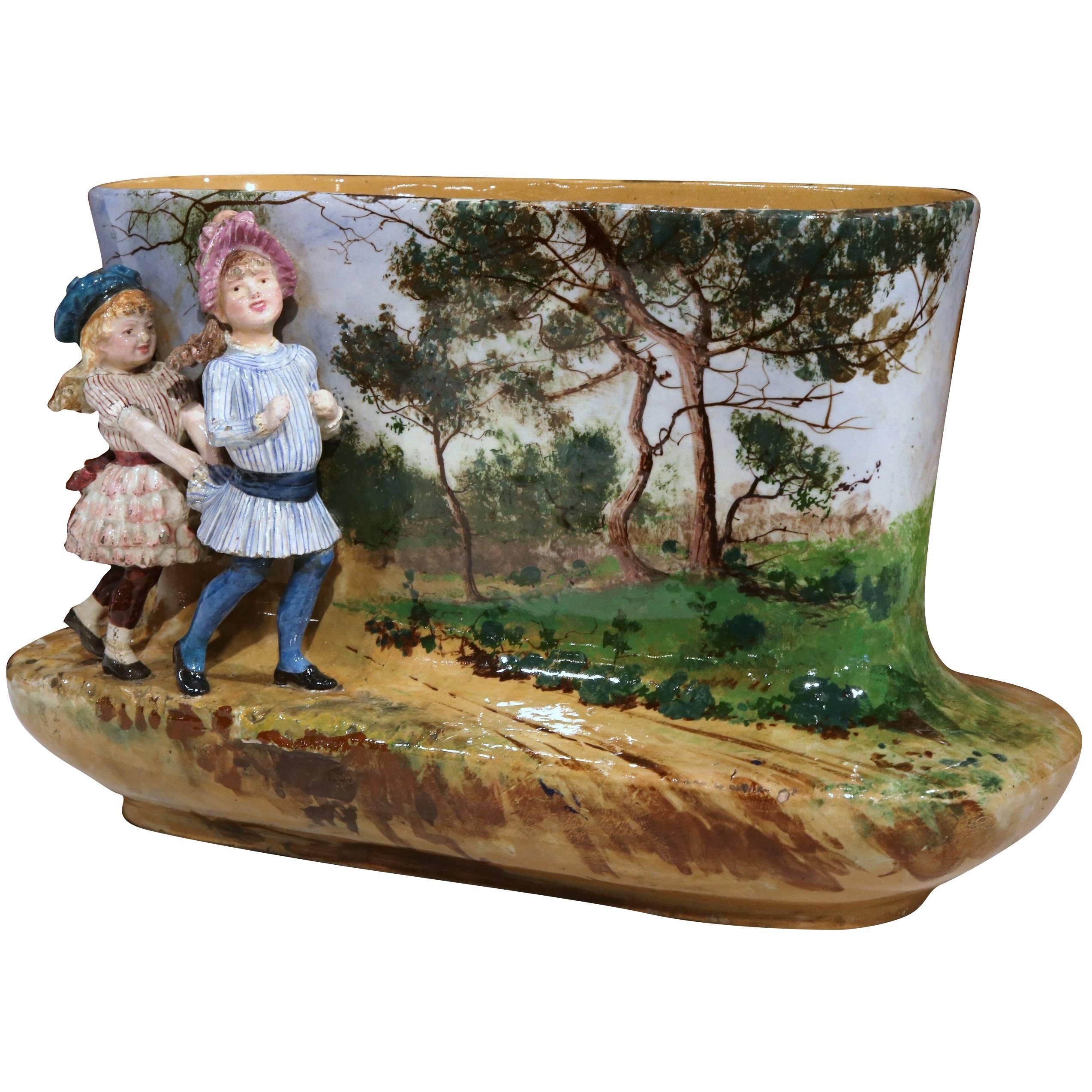 19th Century French Hand-Painted Barbotine Oval Vase with Young Girls Figures