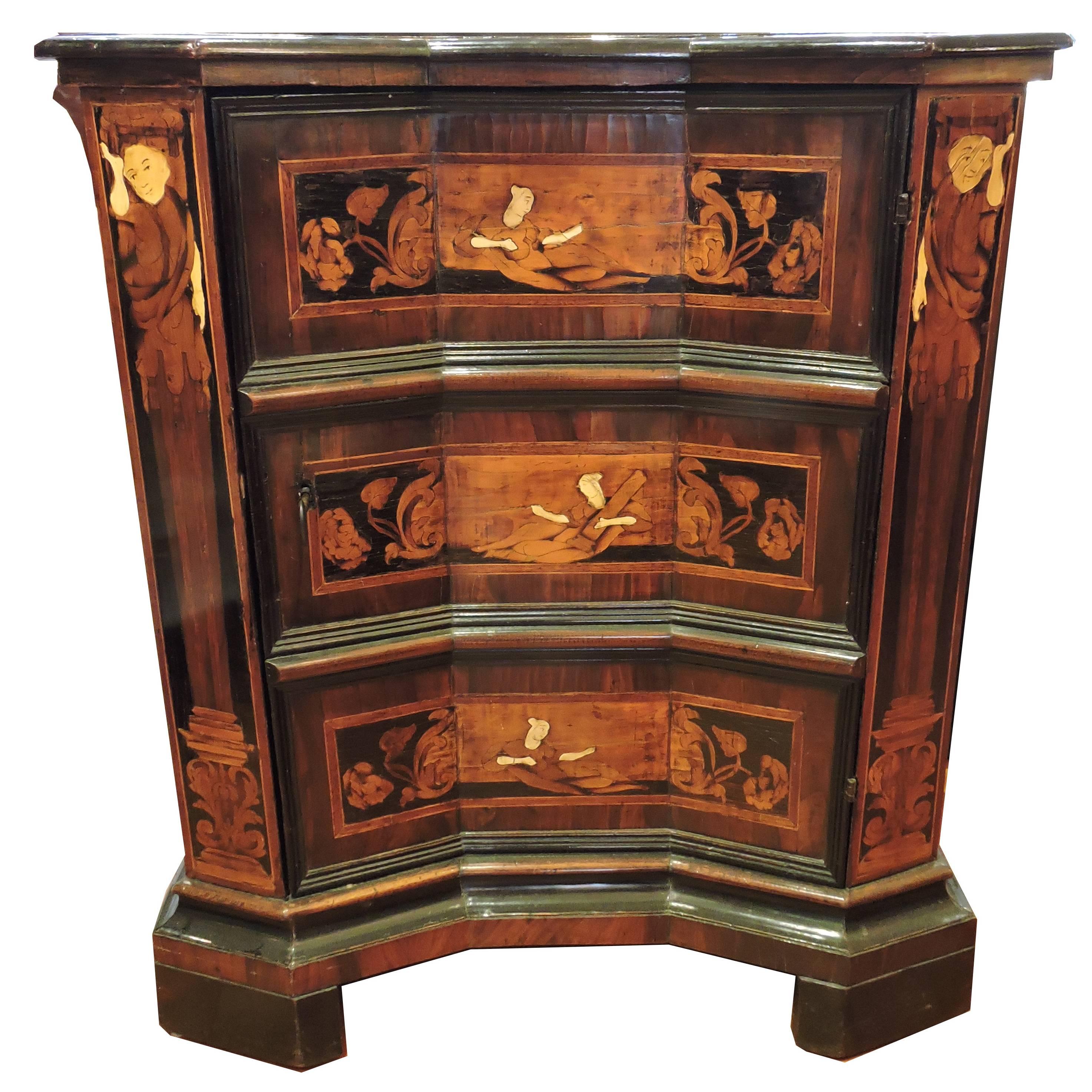 Italian 18th Century Walnut and Ebony Commode Inlaid with Bone and Fruit Woods For Sale