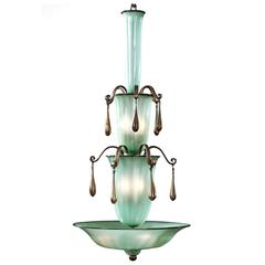 Antique Fratelli Toso, Rare Murano Frothy Green and Gold Speckled Glass Chandelier