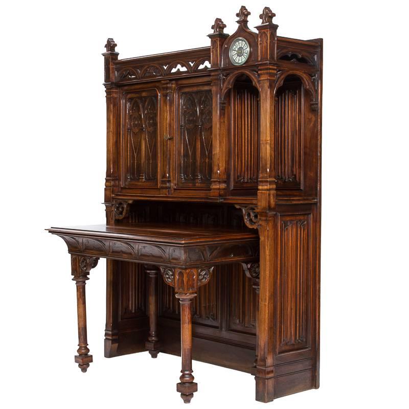 19th Century Gothic Hymnal Cabinet and Table with Clock
