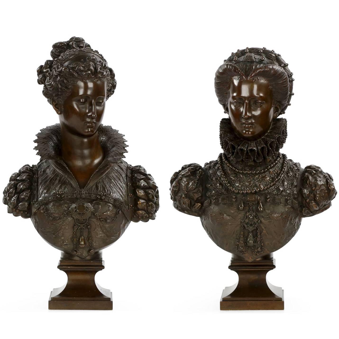 Pair of Mathurin Moreau Renaissance Bronze Sculpture Busts