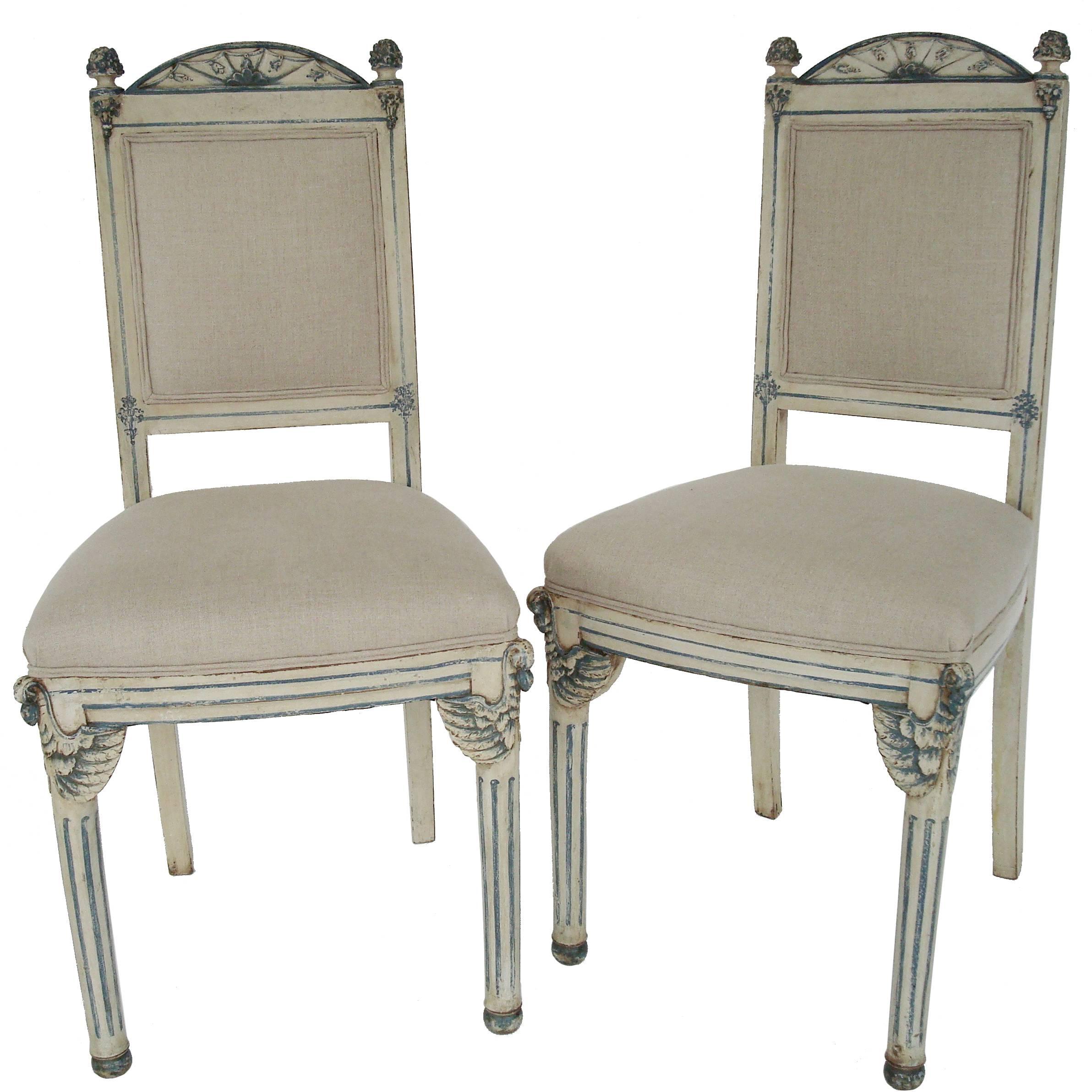 Pair of Painted Gray White and Blue Italian Venetian Side Chairs