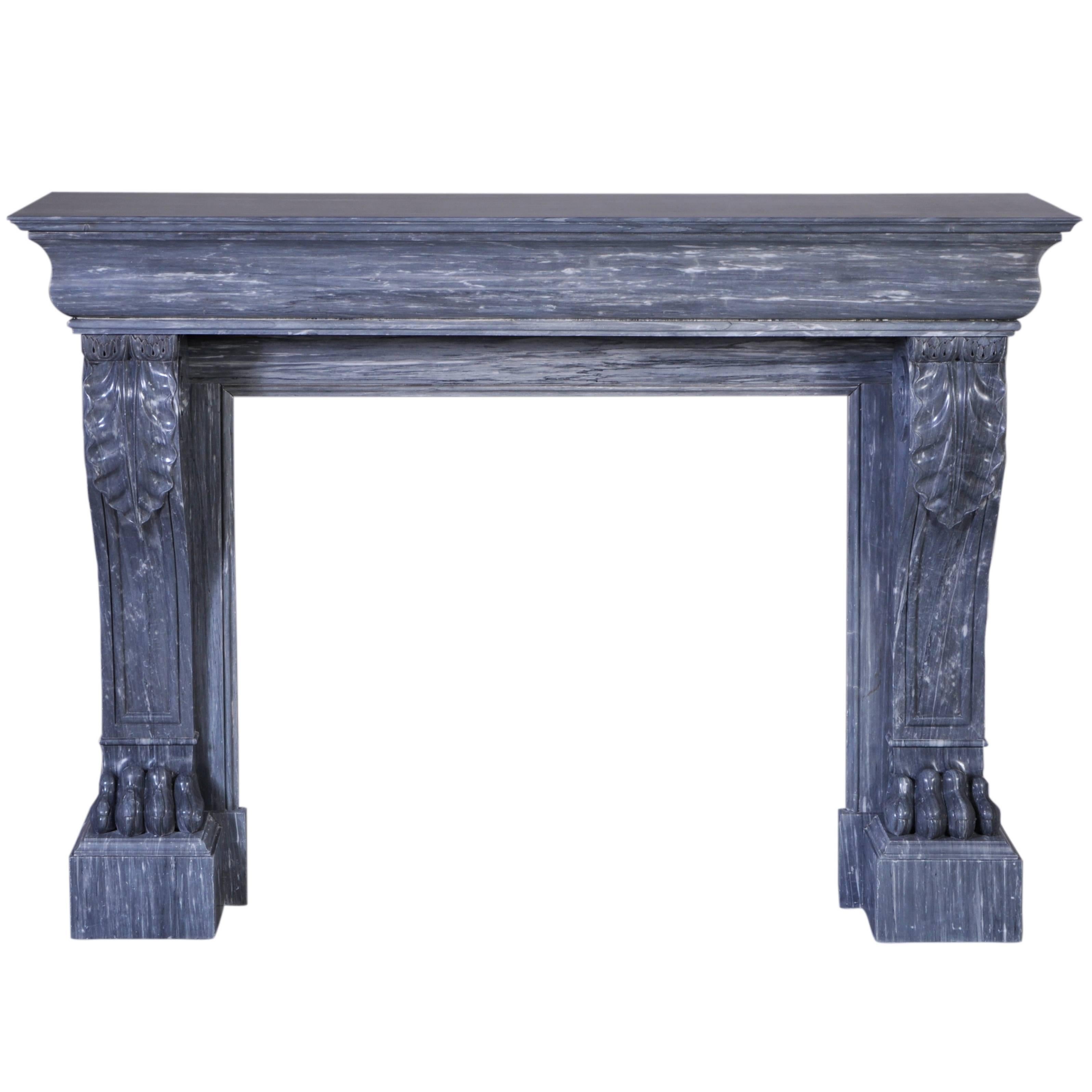 Antique Restauration Style Fireplace with Lion's Paws in Blue Turquin Marble For Sale