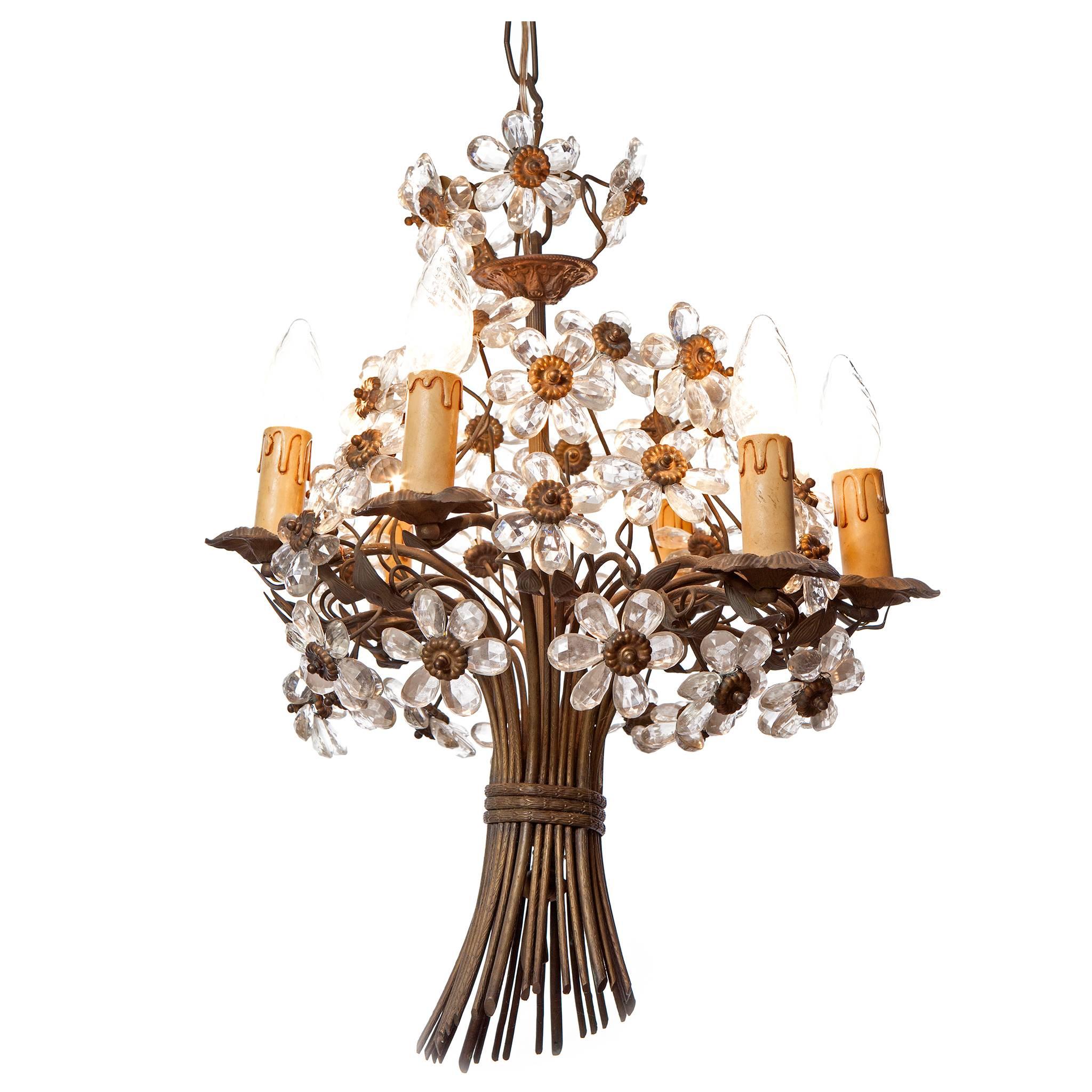 1920s Maison Baguès Six-Light Bronze and Crystal Flower Chandelier For Sale