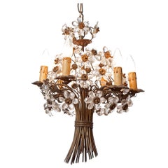 1920s Maison Baguès Six-Light Bronze and Crystal Flower Chandelier