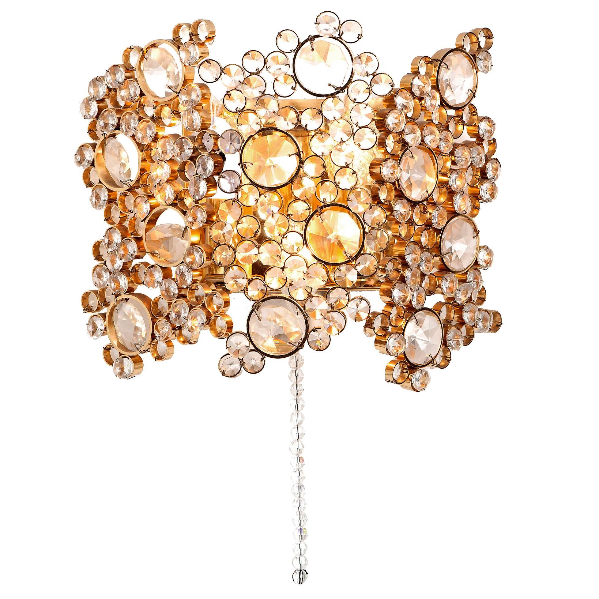 1960s Palwa Two-Light Gilt Brass and Diamond Shaped Glass Sconce