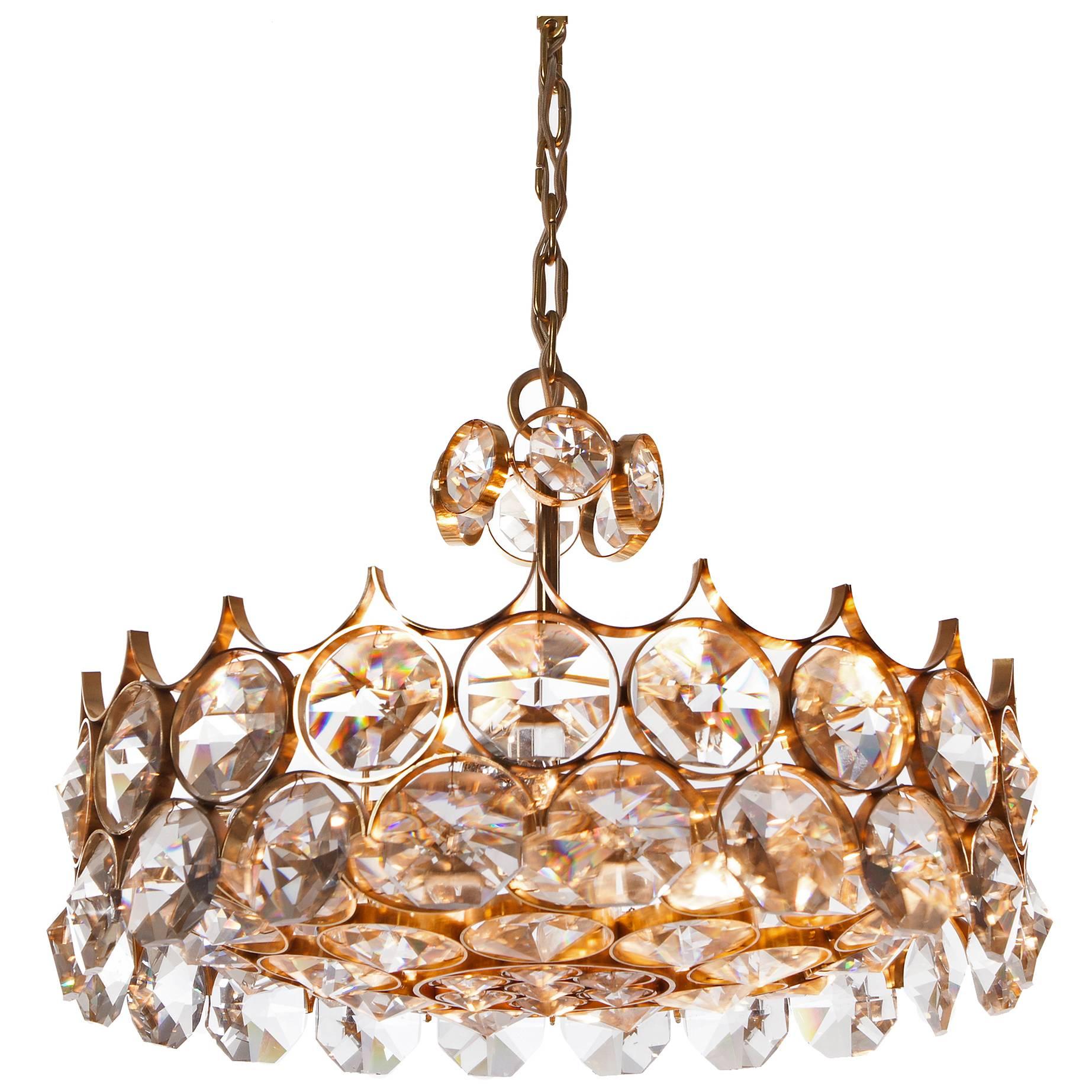1960's Palwa Seven-Light Gilt Brass and Diamond Shaped Crystal Glass Chandelier For Sale
