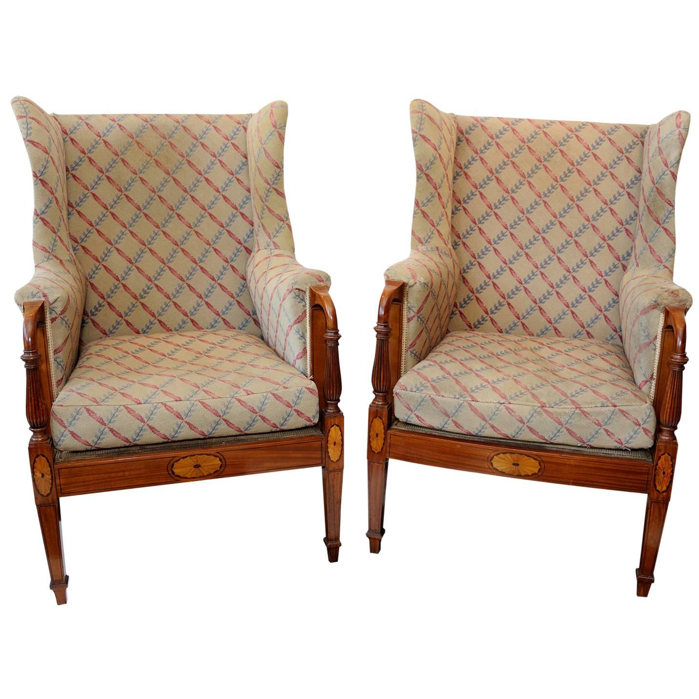 Rare Pair of English Country House Satinwood Wing Chairs, circa 1890