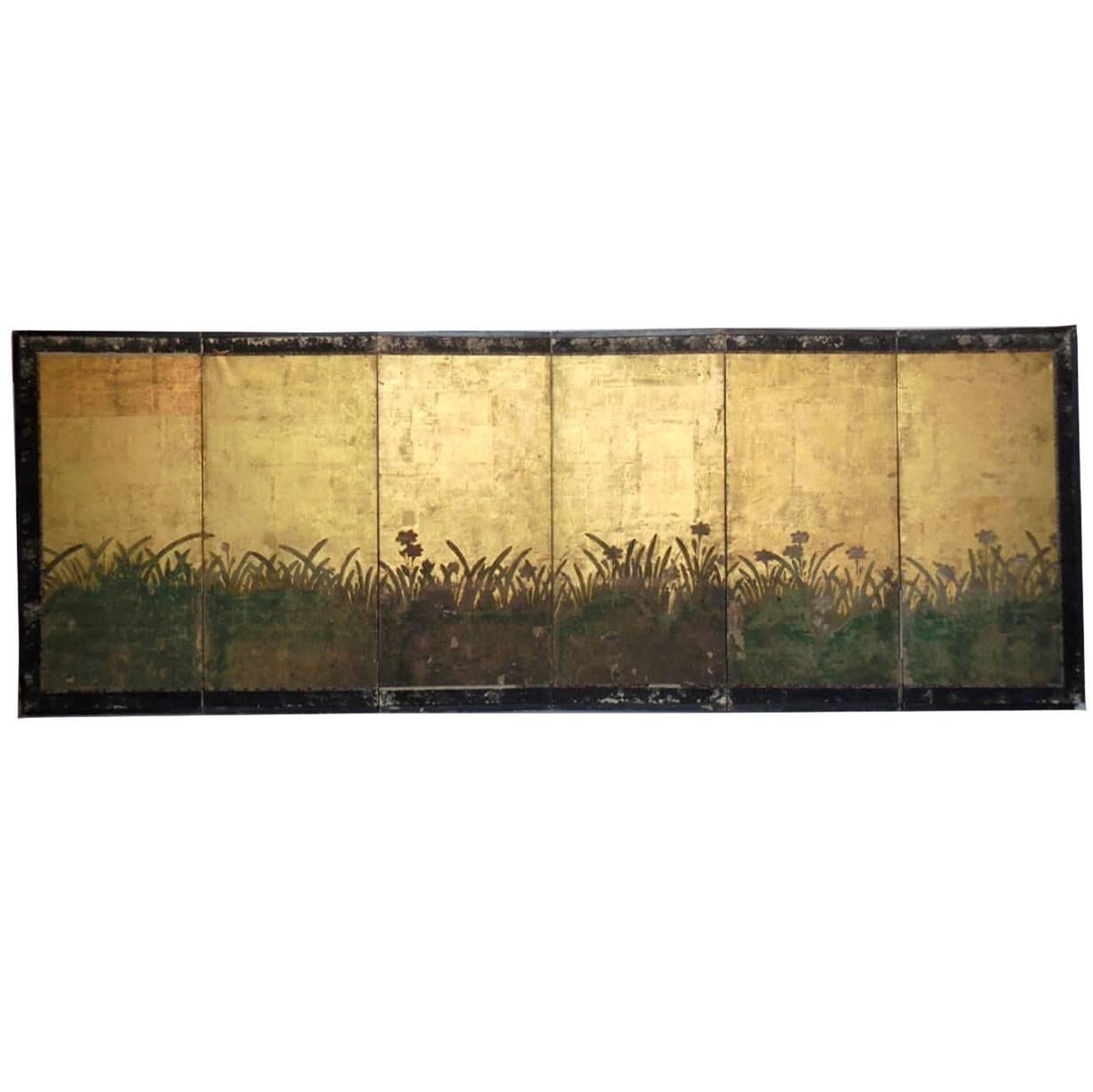 Antique Edo Period Japanese Gold Leaf  Painted Narcissus Six Panel Screen