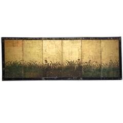 Antique Edo Period Japanese Gold Leaf Painted Narcissus Six Panel Screen 12