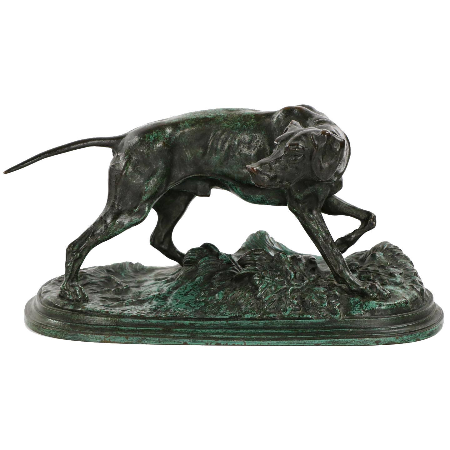 French Antique Bronze Sculpture of Pointer Dog After Model by Pierre Jules Mene