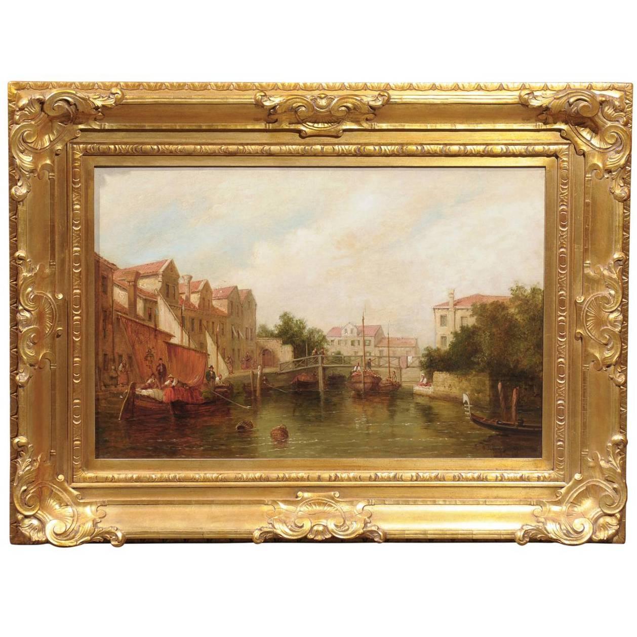 Oil Painting of a Canal Scene with Boats and Pedestrians from Late 19th Century For Sale