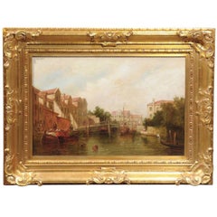 Antique Oil Painting of a Canal Scene with Boats and Pedestrians from Late 19th Century