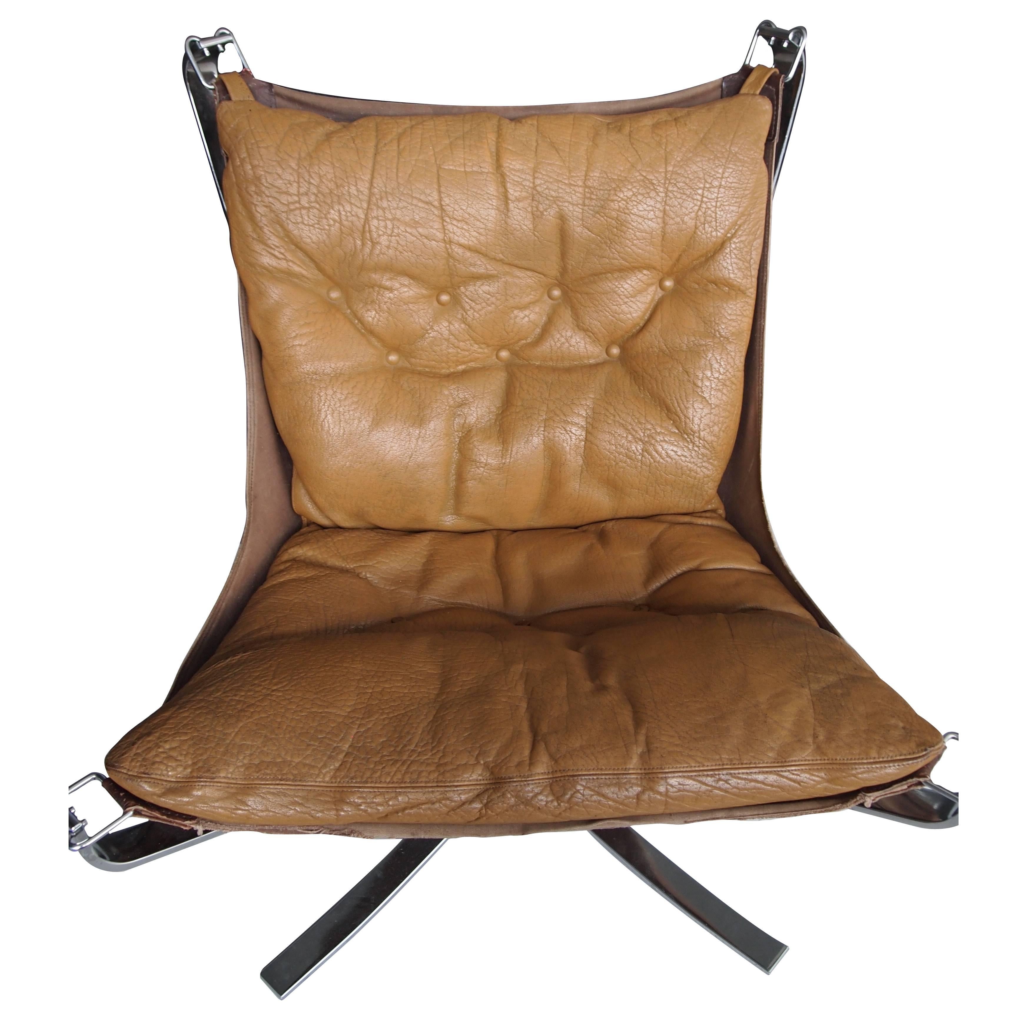 Sigurd Ressel Falcon Lounge Chair Tan Leather, Canvas and Steel Frame For Sale