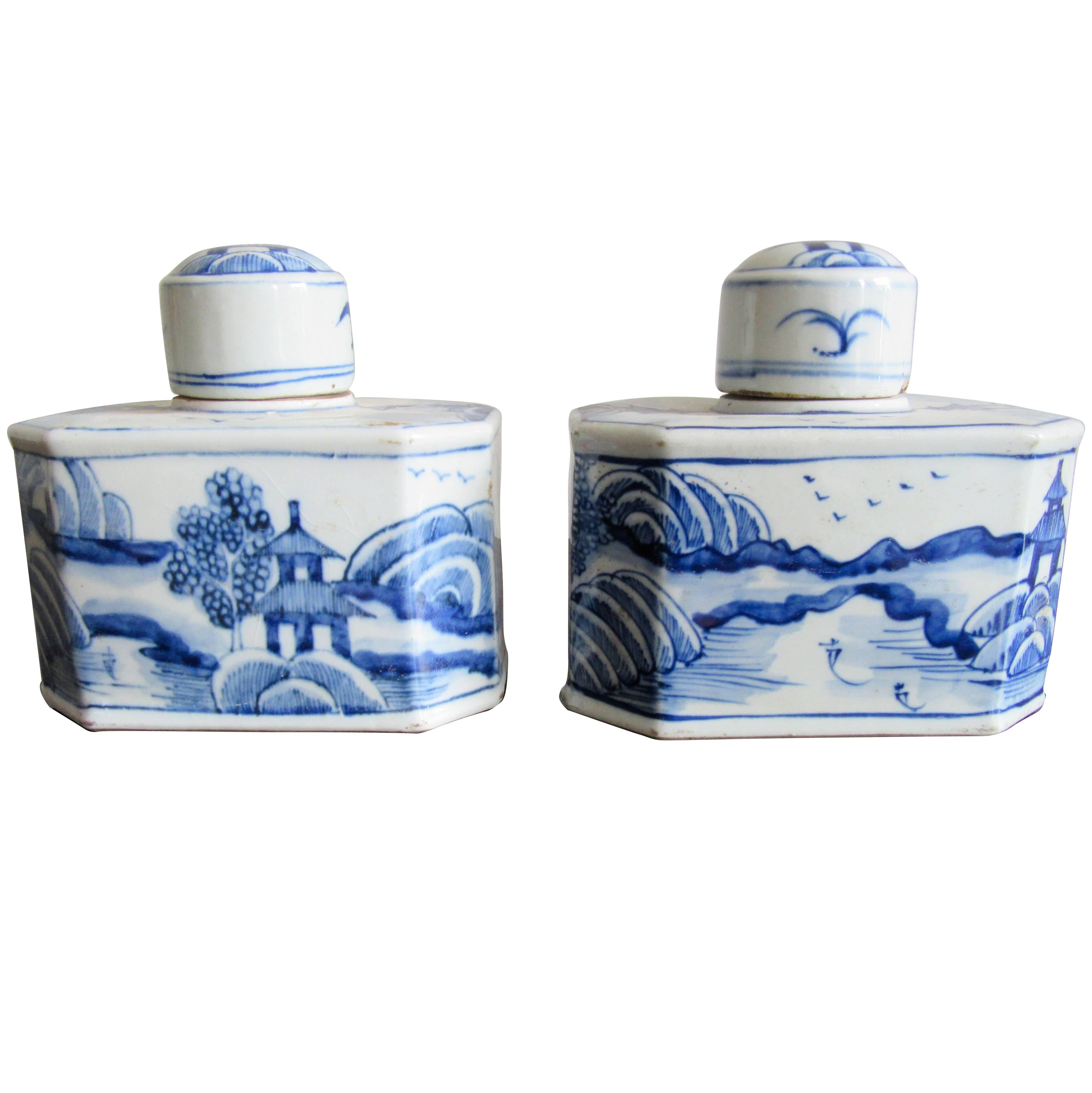 Small Pair of Chinese Blue and White Porcelain Tea Canisters
