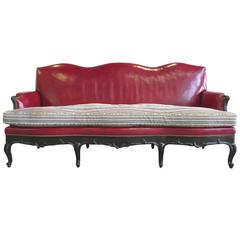 Vintage Louis XV Style Red Leather Camelback Sofa with Paul Smith Fabric