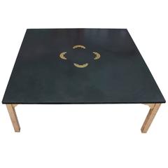 Fabulous Italian Brass and Slate Square Modern Coffee Table with Copper Inlay