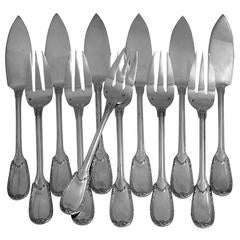 Antique Christofle Rare French Sterling Silver Fish Flatware Set 12 Pieces neoclassical