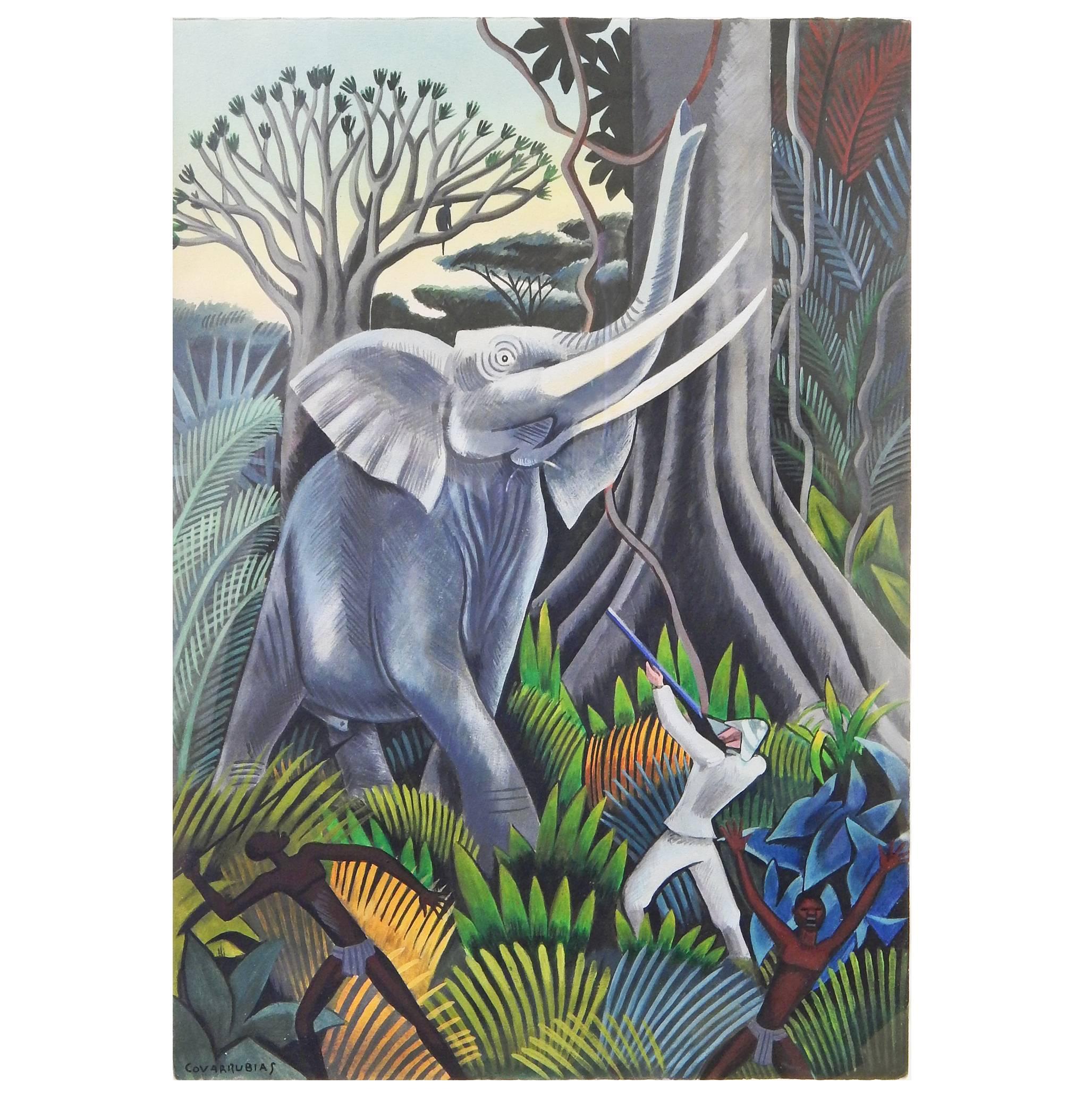 "Jungle, " Fabulous Art Deco Painting of African Safari Hunter by Covarrubias