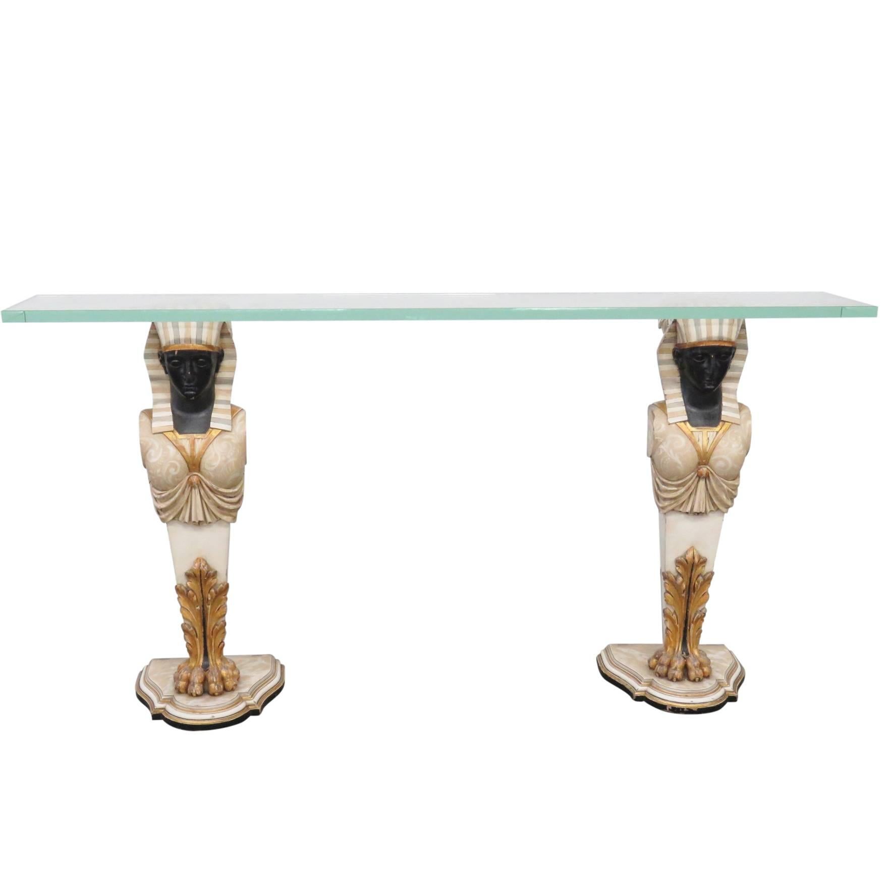 Egyptian Figural Painted and Gilt Glass Top Console Table