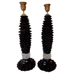 Pair of Vintage Black and Clear Murano Glass Lamps 5