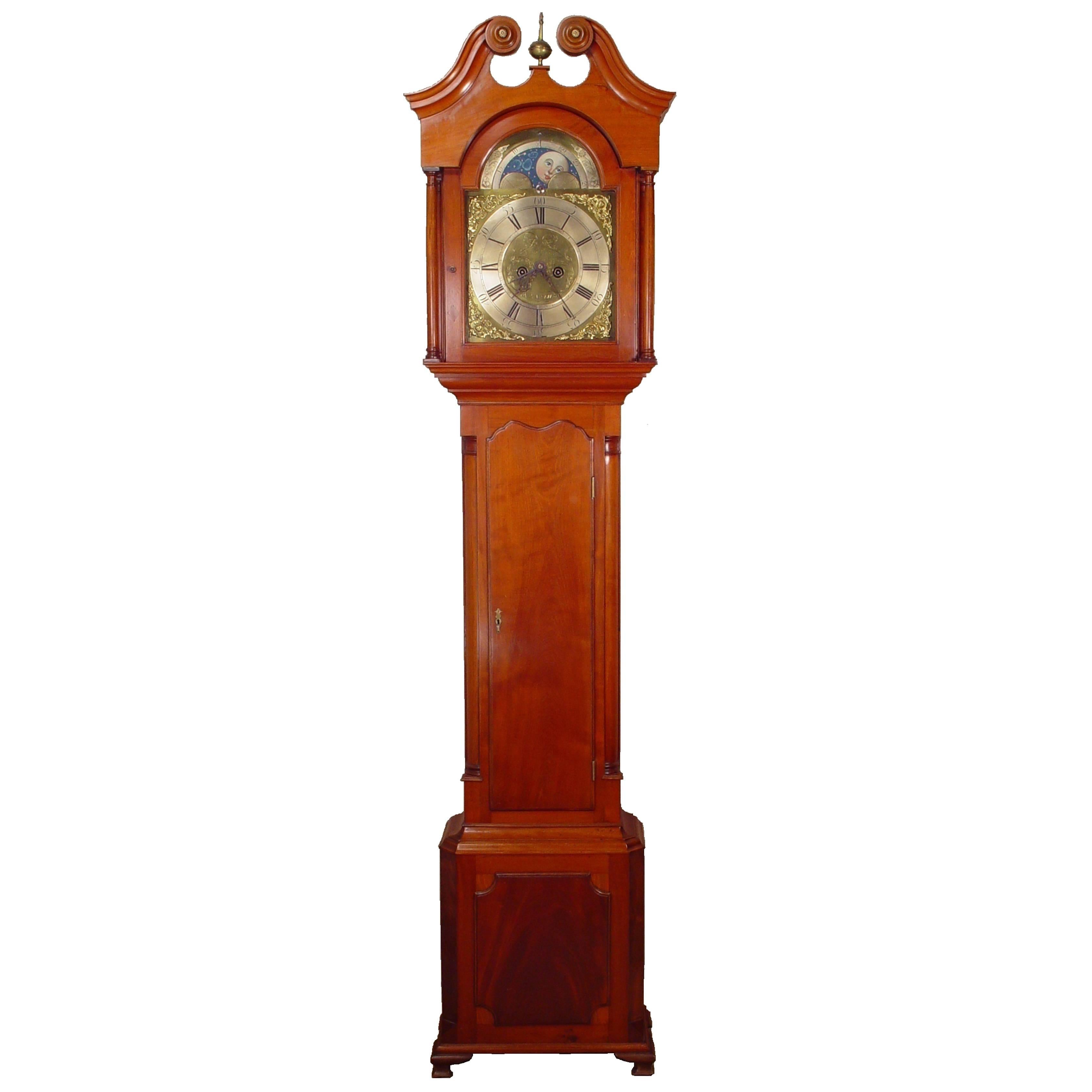 English Mahogany Longcase Clock with Moon Phase and Date Alex Rae Dumfries For Sale