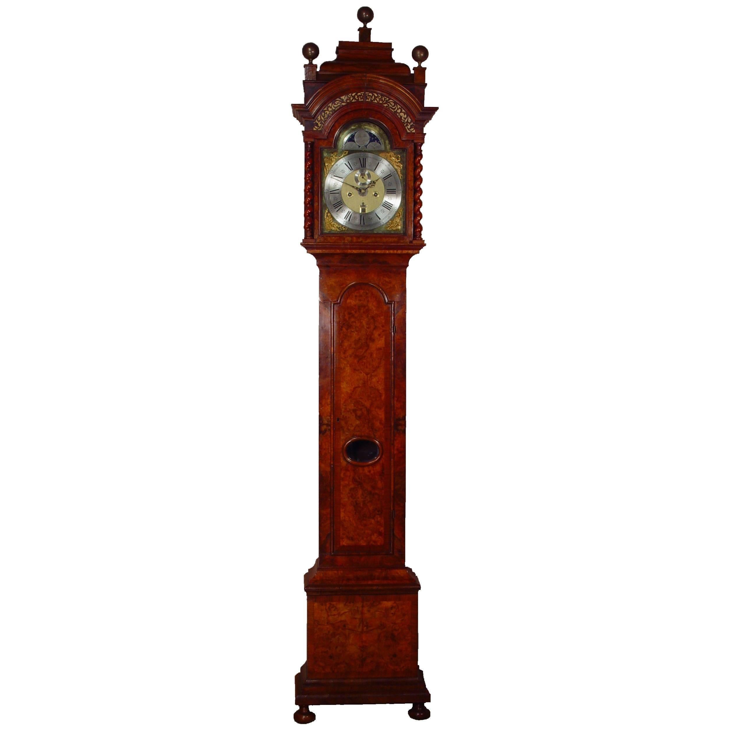 Dutch Burr Walnut Striking Alarm Longcase Clock with Calendar Ed Brookes For Sale