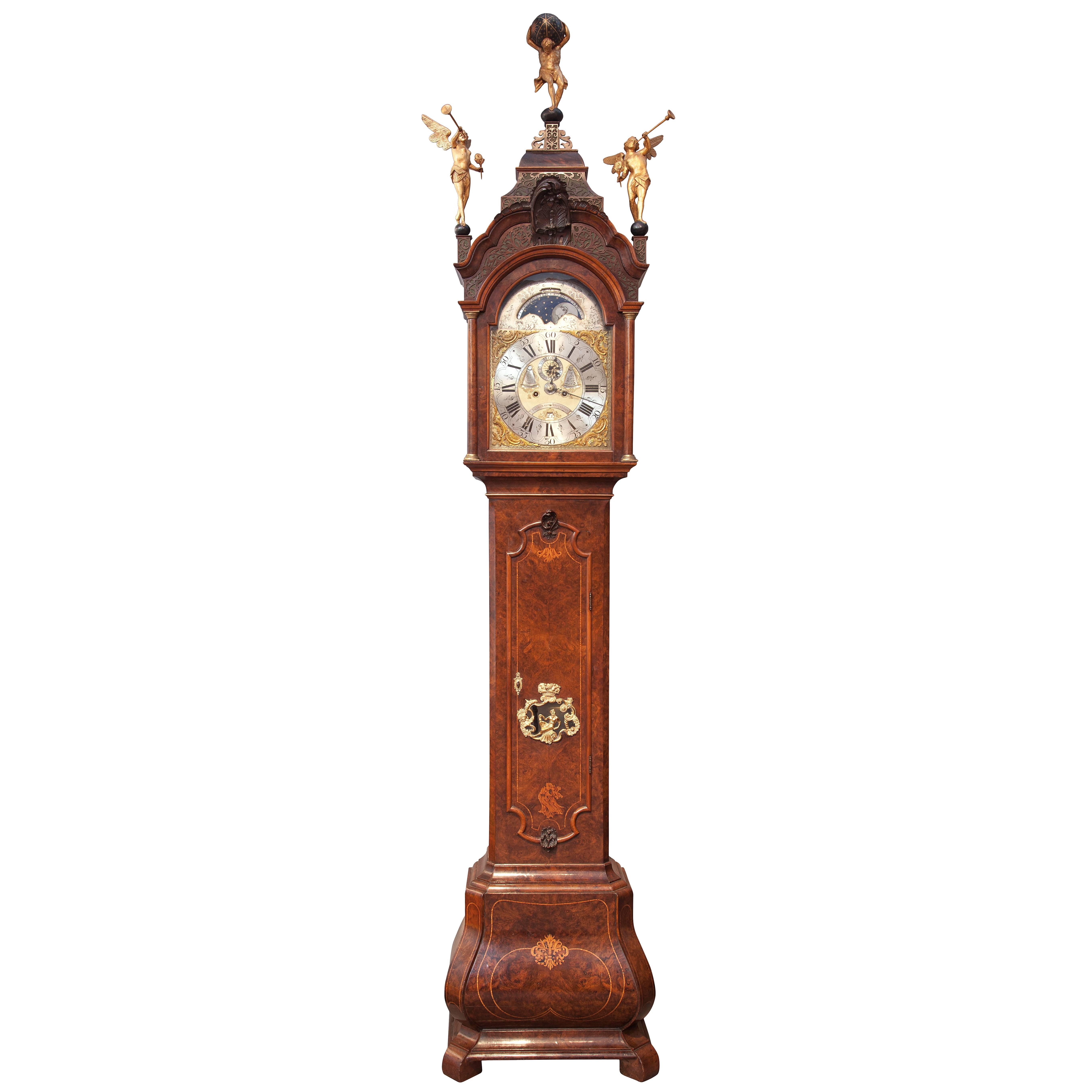 Fine Dutch Burr Walnut Longcase Clock with Calendar Uswald, Amsterdam For Sale