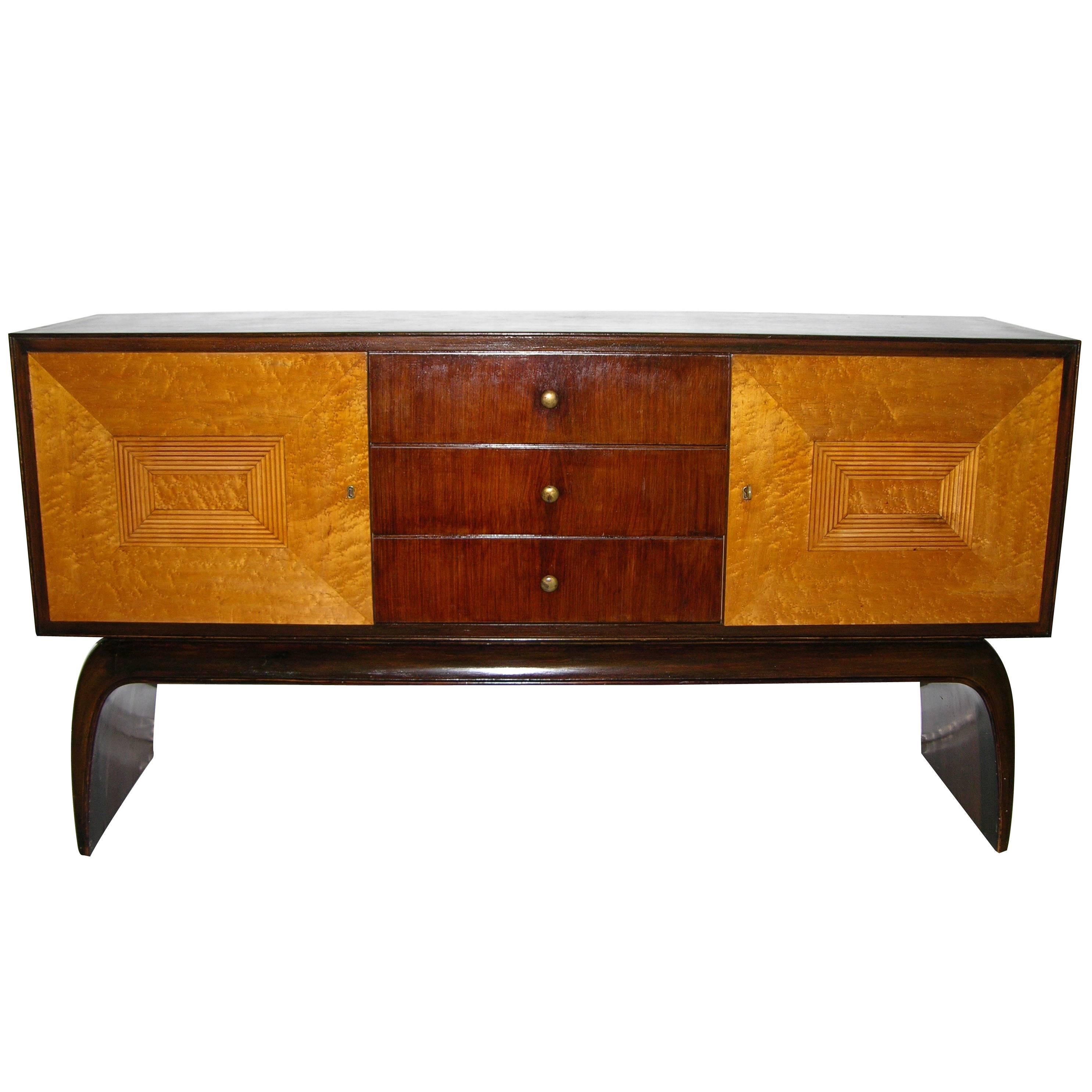 1930 Italian Antique Art Deco Two-Tone Rosewood and Burl Maple Sideboard/Console