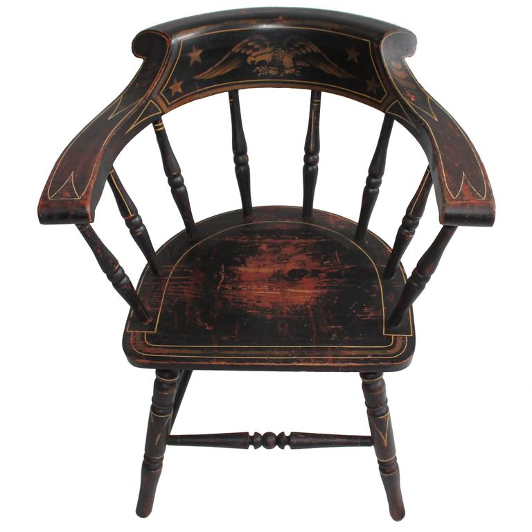 19th Century Original Paint Decorated Captains Chair With Eagle And 19th Century Original Paint Decorated Captains Chair with Eagle and Stars For Sale - 19th Century Original Paint Decorated Captains Chair With Eagle And