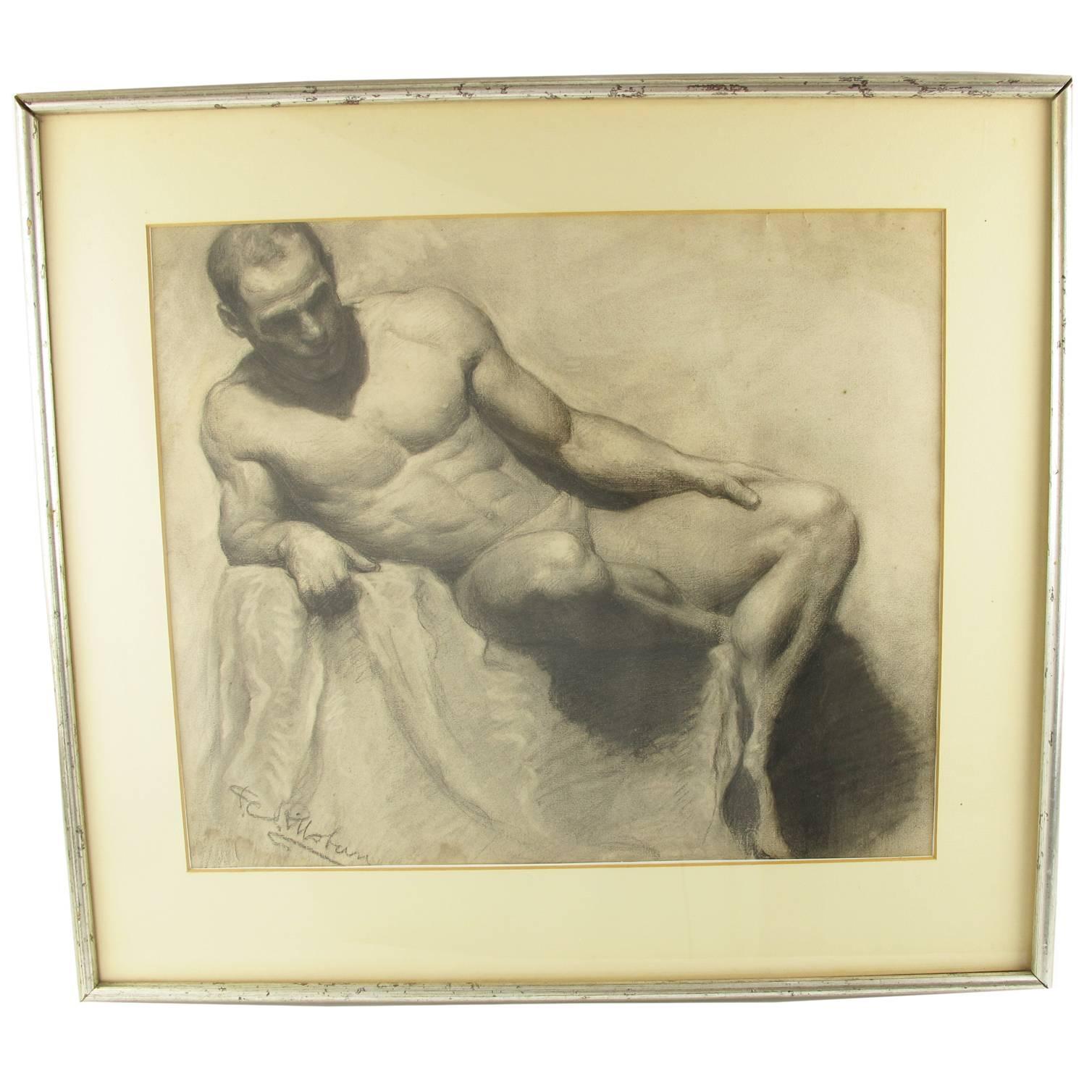 Seated Man, Nude Study Charcoal Drawing, Signed