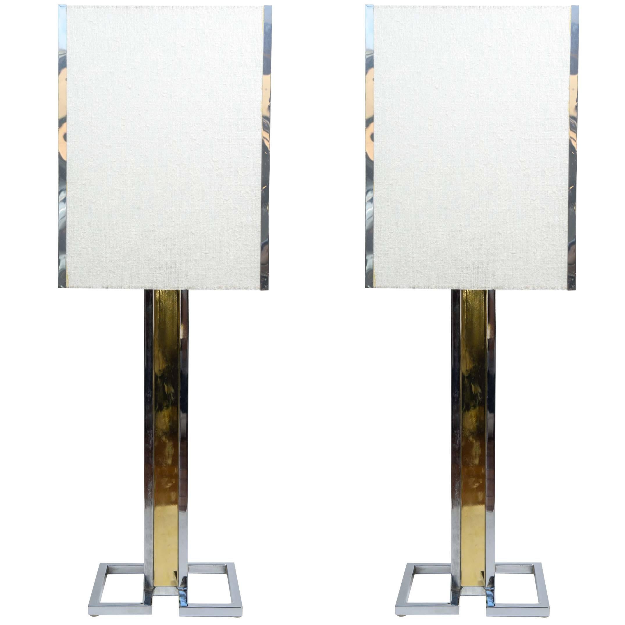 Tall Two Tones Metal and Brass Pair of Lamps