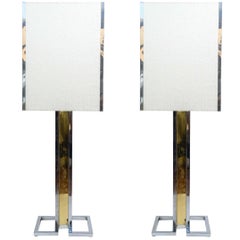 Tall Two Tones Metal and Brass Pair of Lamps