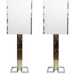 Tall Two Tones Metal and Brass Pair of Lamps 6