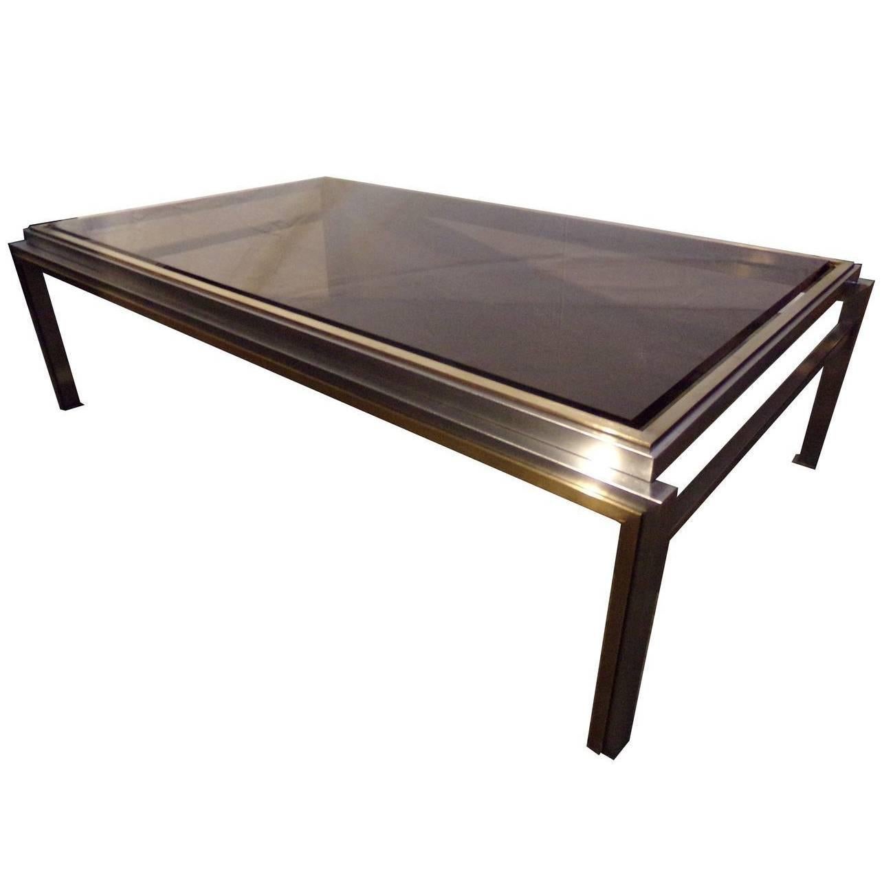 Nice Willy Rizzo Coffee Table, 1970s, Chrome / Gilded Chrome, Smoked Glass Top