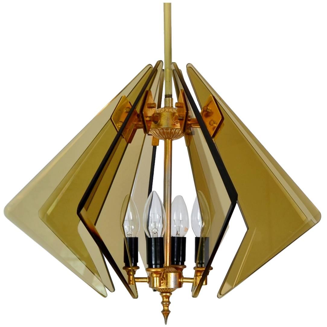 Smoked Glass and Brass Italian Sunburst Pendant Lamp, Cristal Art, 1960s