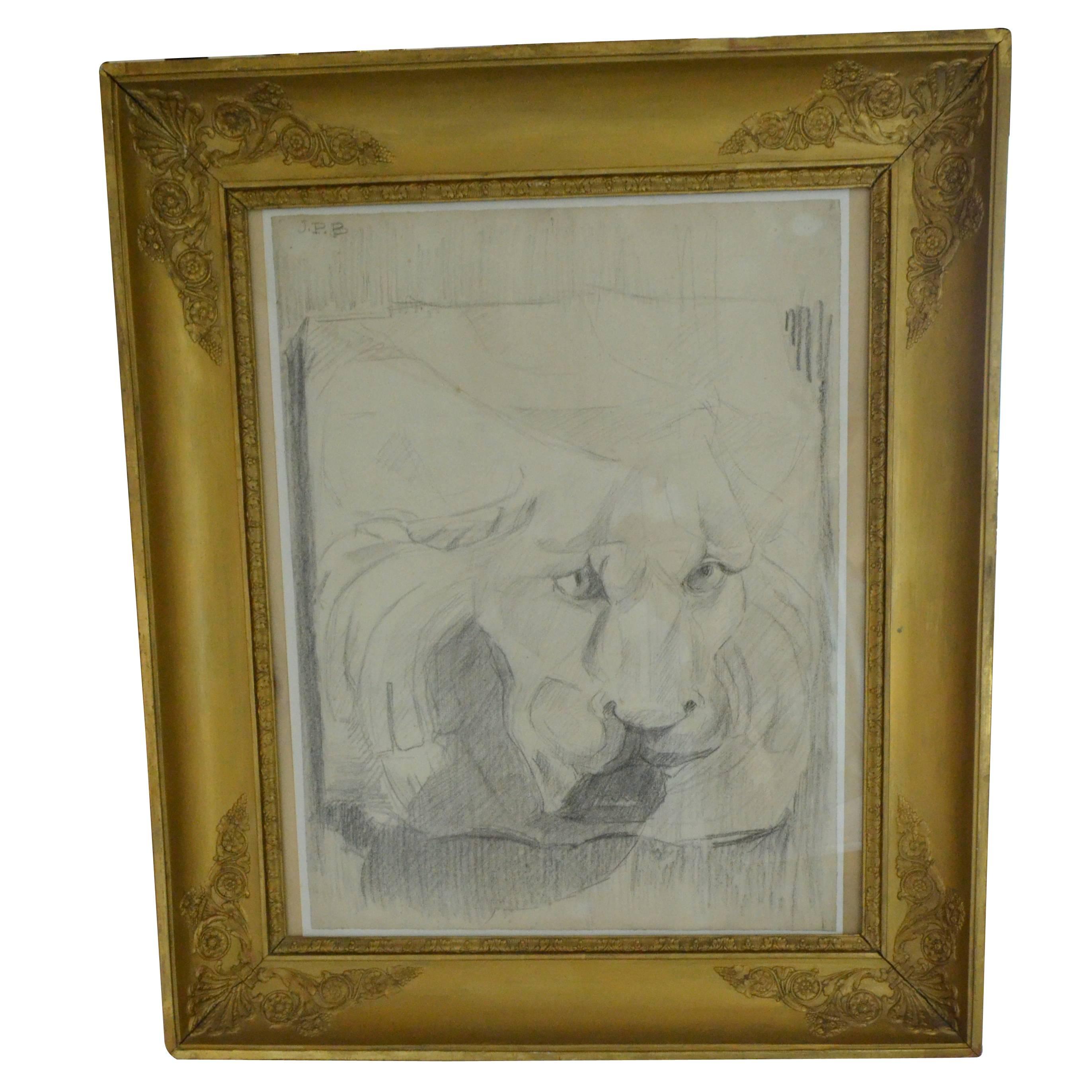 Lion Charcoal Drawing, Empire Gold Foil Frame