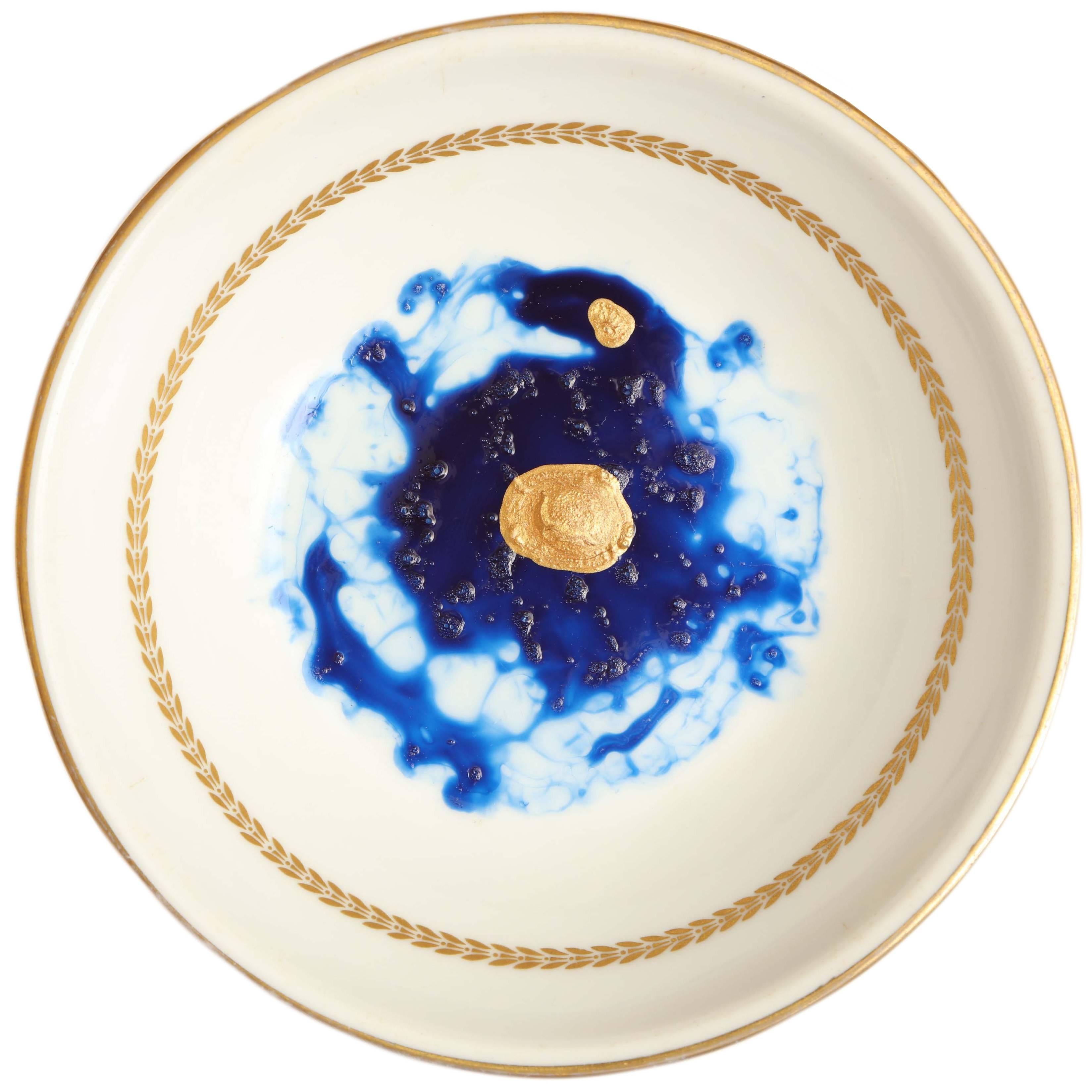 Contemporary Hand-Painted Blue and Gold Ocean Plate #5 For Sale