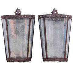 Pair of Mottled Mirror Back Wall Candle Lanterns