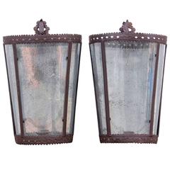 Pair of Mottled Mirror Back Wall Candle Lanterns