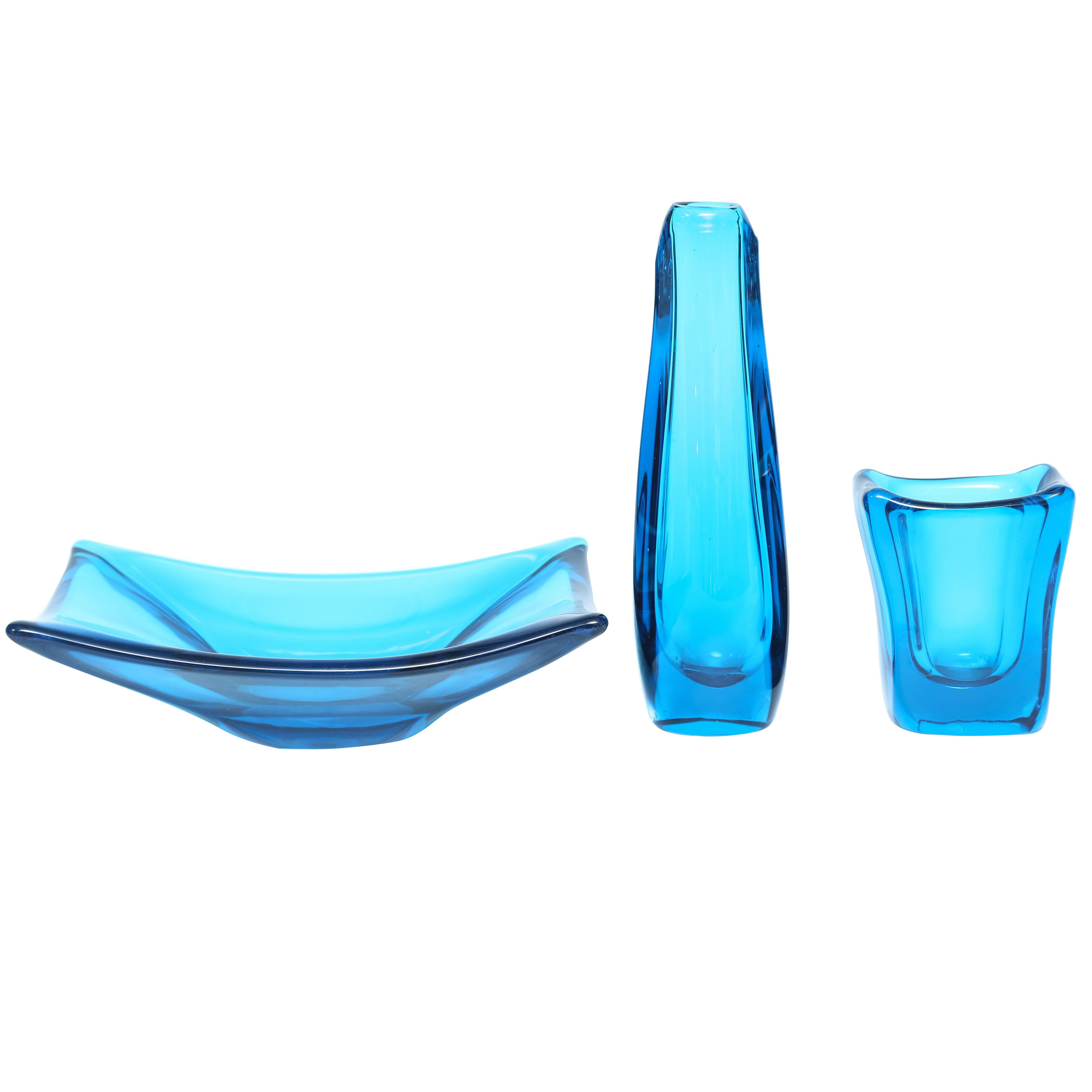 Mid-Century Modern Daum France Thick Blown Cobalt Glass Vases / Center Table For Sale