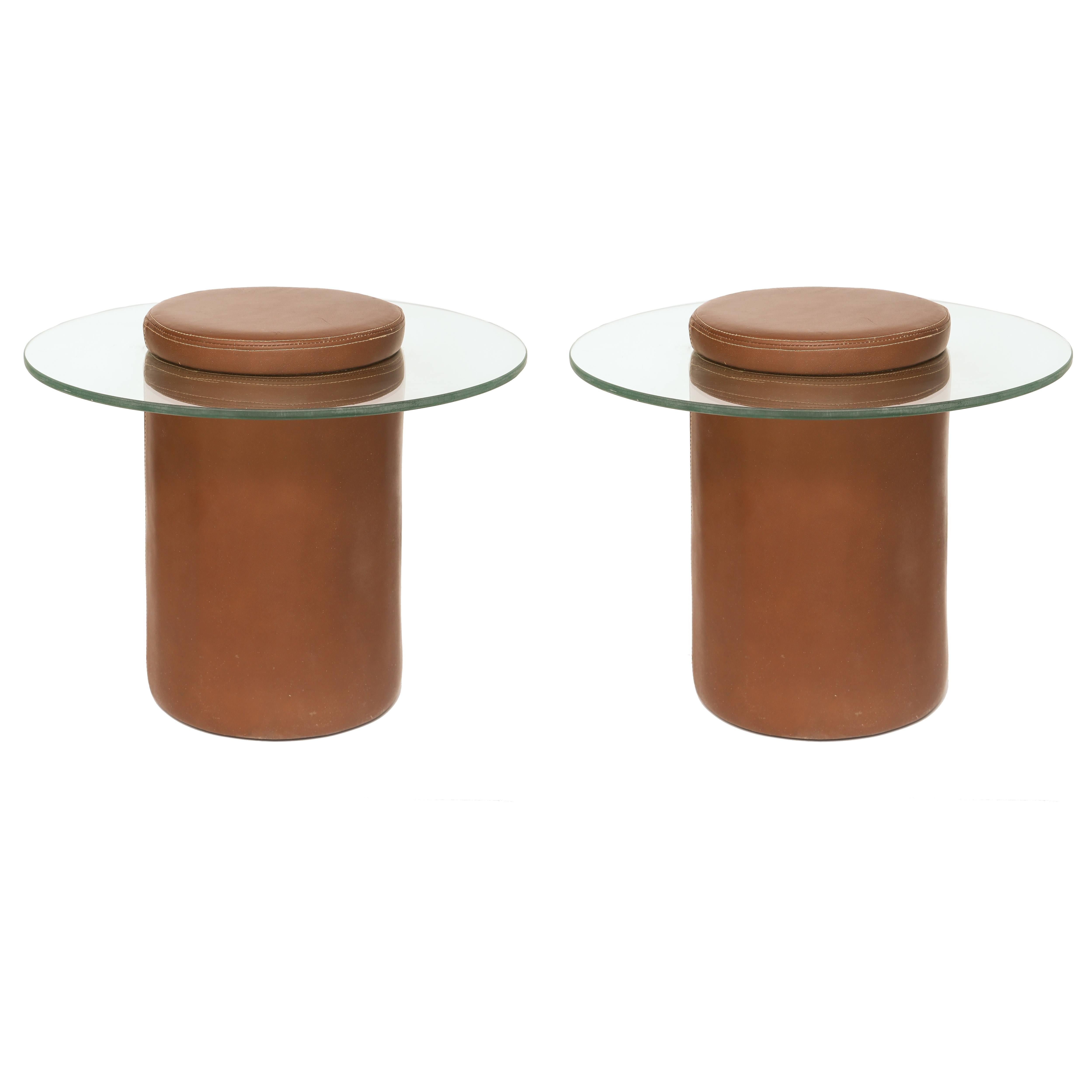 Pair of Mid-Century Modern French Adnet Style Leather/ Glass Side/ End Tables For Sale