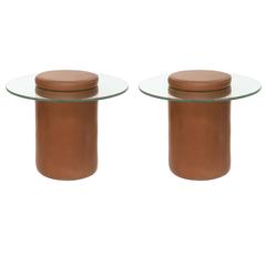 Pair of Mid-Century Modern French Adnet Style Leather/ Glass Side/ End Tables