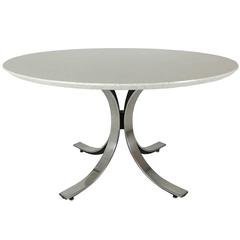 Four-Legged Chrome Base Round Dining Table with White Quartz Top by Borsani