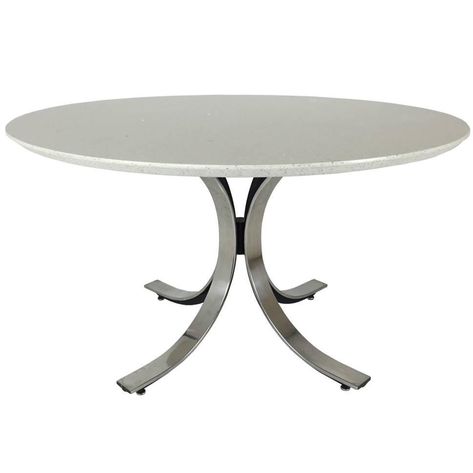 FourLegged Chrome Base Round Dining Table with White Quartz Top by Borsani For Sale at 1stdibs